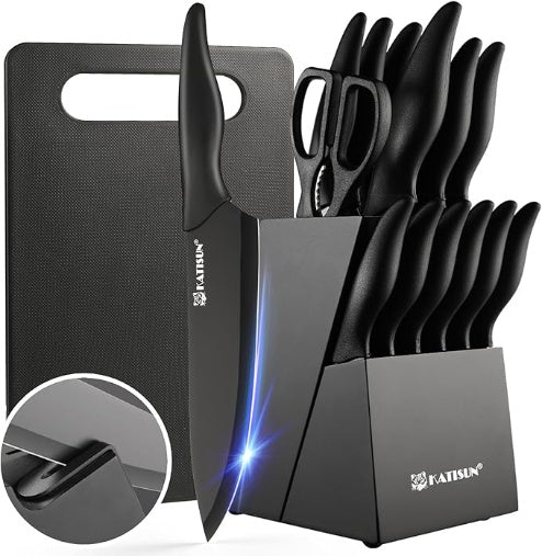 16-Piece Stainless Steel Kitchen Knife Set with Block & Cutting Board (Black)