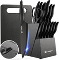 16-Piece Stainless Steel Kitchen Knife Set with Block & Cutting Board (Black)