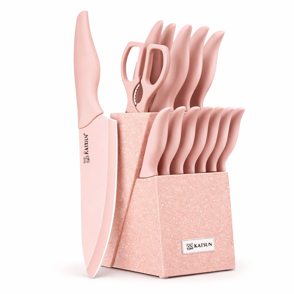 14-Piece Non-Stick Premium Kitchen Knife Set with Storage Block (Pink)