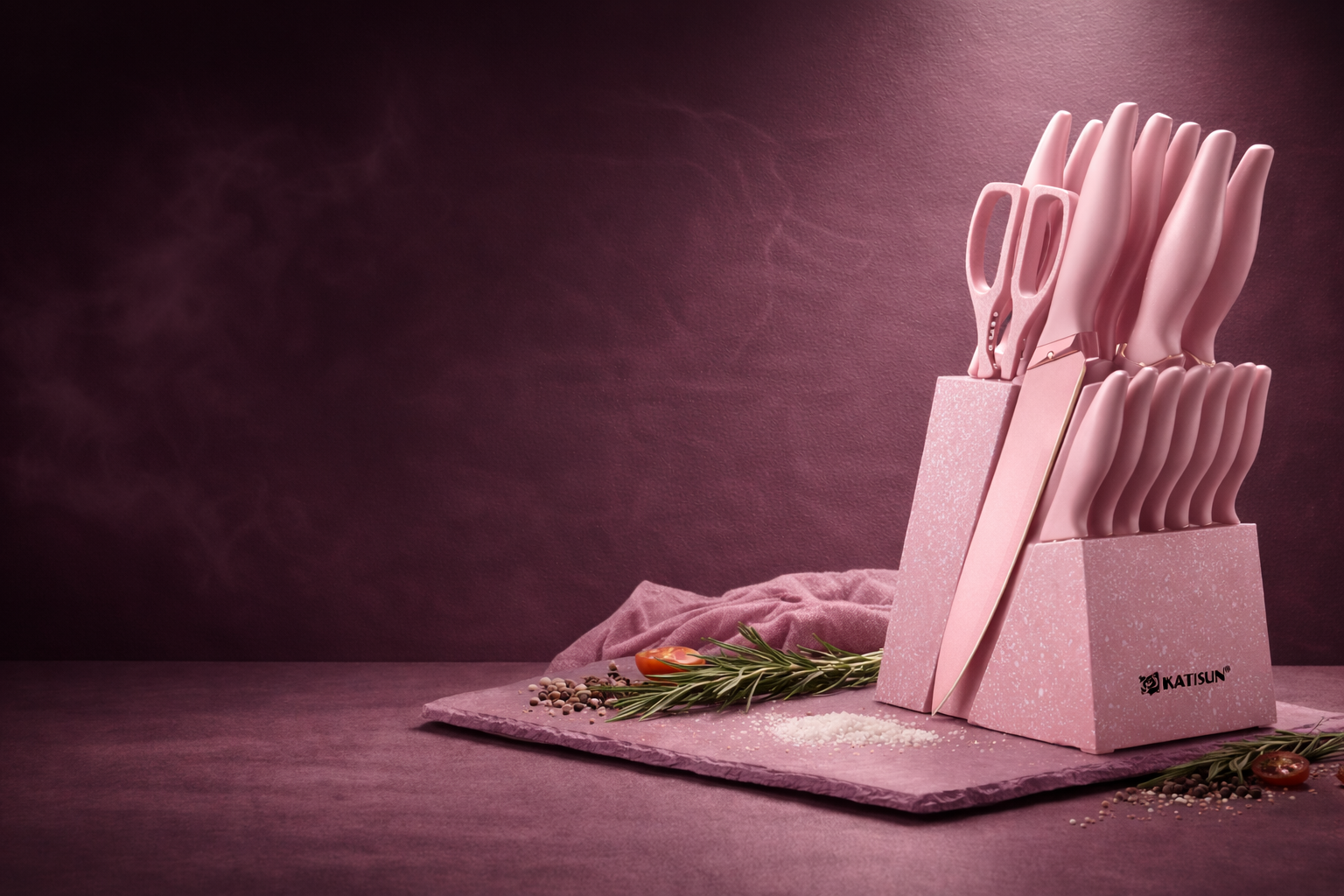 14-Piece Non-Stick Premium Kitchen Knife Set with Storage Block (Pink)