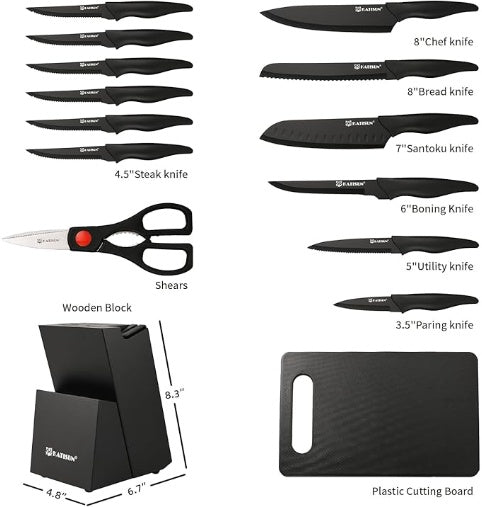 16-Piece Stainless Steel Kitchen Knife Set with Block & Cutting Board (Black)